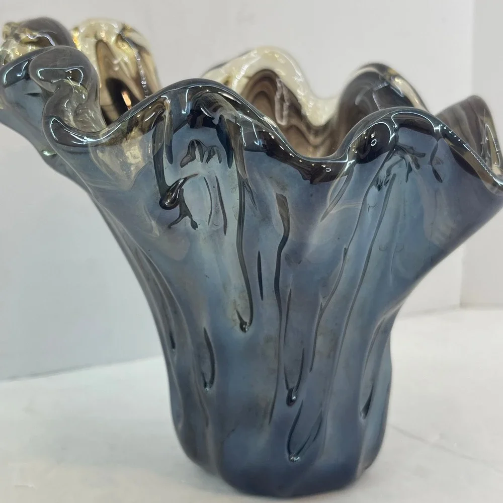 Vintage Murano Style Handkerchief Art Glass Vase Brown Swirl‎ Ruffle Hand Blown